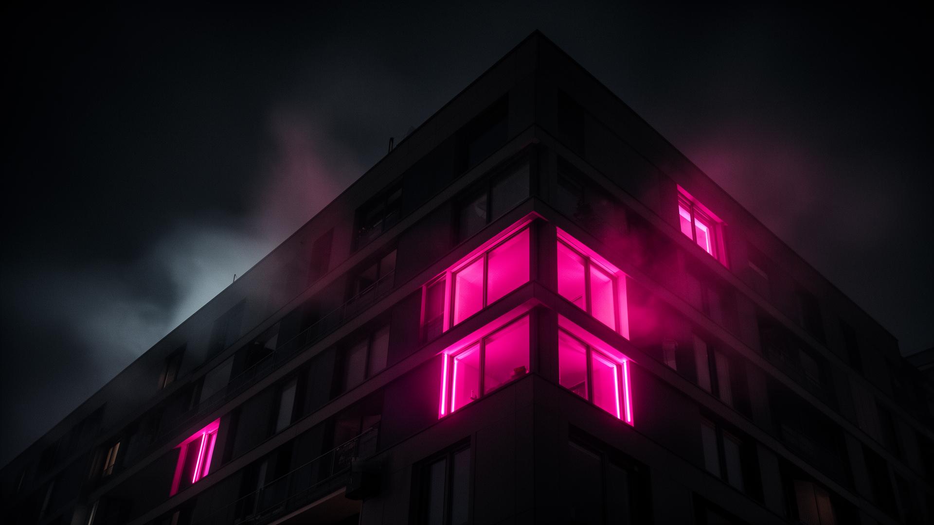 Immeuble suisse moderne illuminé d'un néon fuchsia la nuit