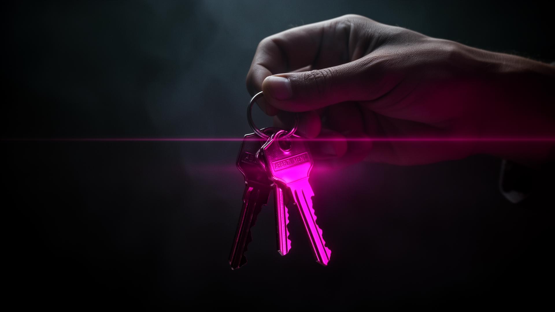 Main tenant des clés d'appartement éclairées d'un néon fuchsia