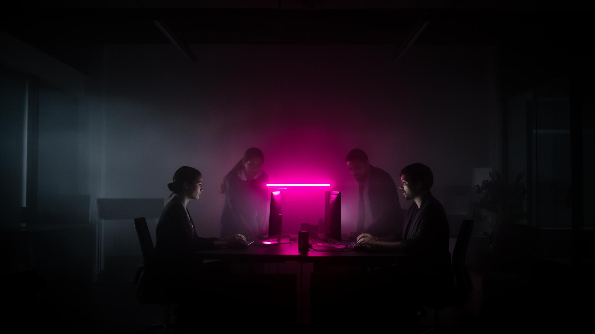 Équipe LocaSuisse au travail dans un bureau éclairé d'un néon fuchsia